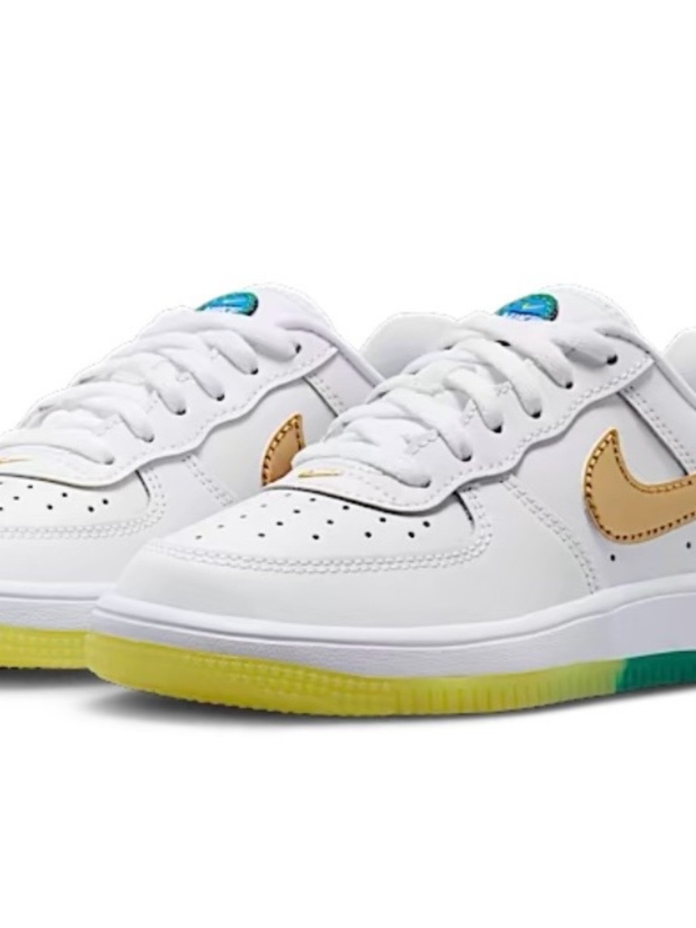 Nike Kids White Sneakers with Gold Swoosh and Yellow-Green Outsole